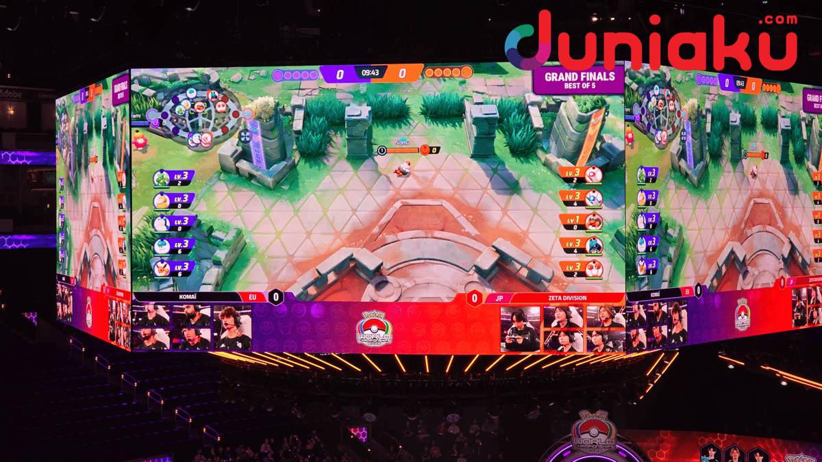 Suasana match awal Grand Final Pokémon UNITE World Championship 2026 dalam layar pertandingan esports.