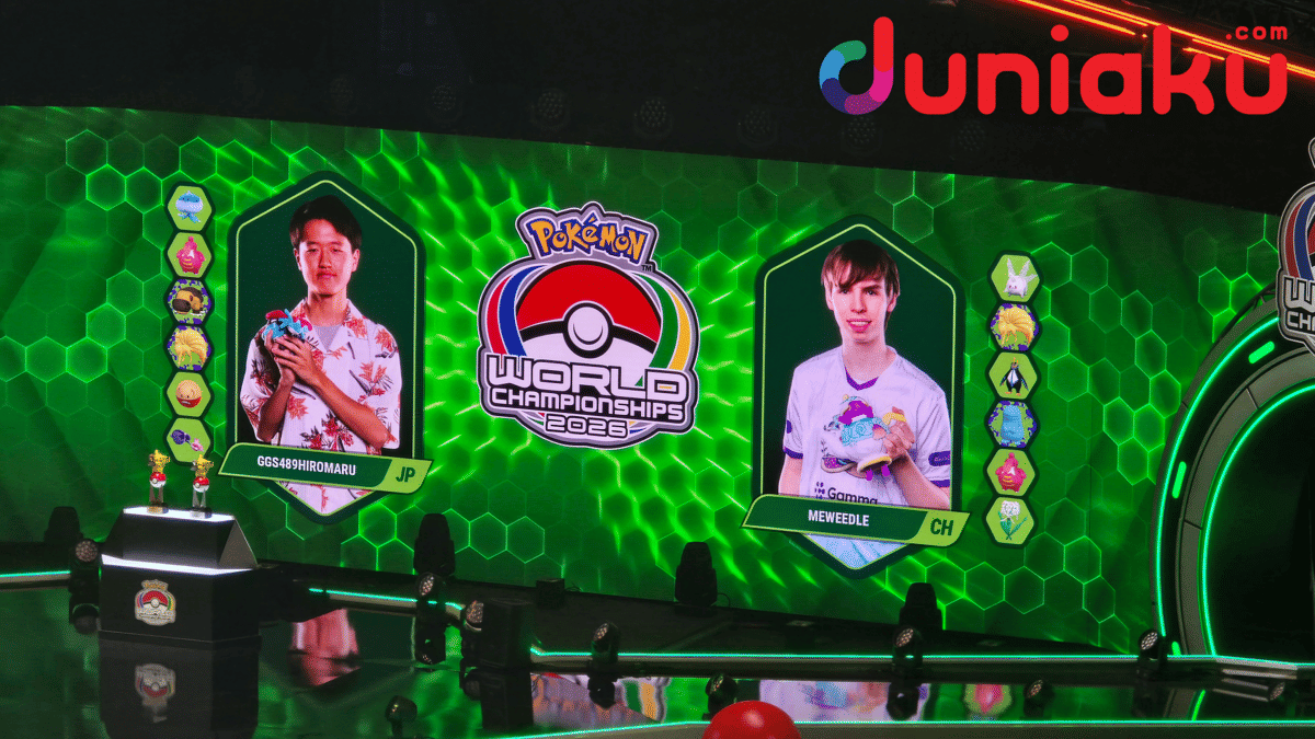 GGs489hiromaru dan MEweedle bertanding pada Grand Final 2026 Pokémon GO World Championships di layar pertandingan.