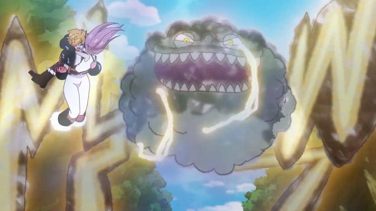 Lilith dan Bonney berlari menjauh saat monster awan petir mengejar mereka dalam adegan anime One Piece.