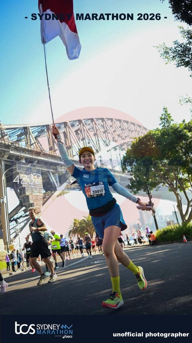 Febby Rastanty usai berhasil menaklukkan Sydney Marathon 2026, dibagikan melalui akun Instagram pribadinya.