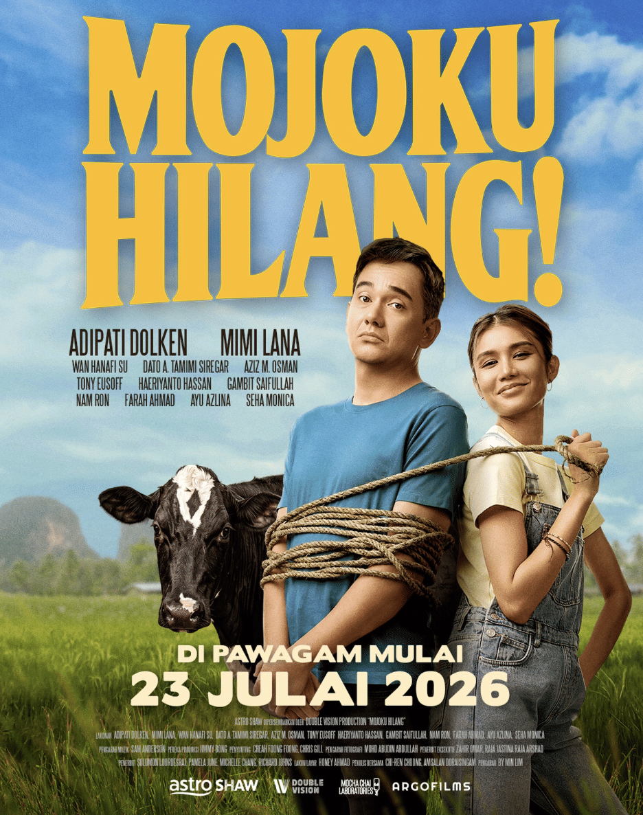 Poster resmi film Mojoku Hilang! dari Double Vision, menampilkan judul film sebagai elemen utama materi promosi.