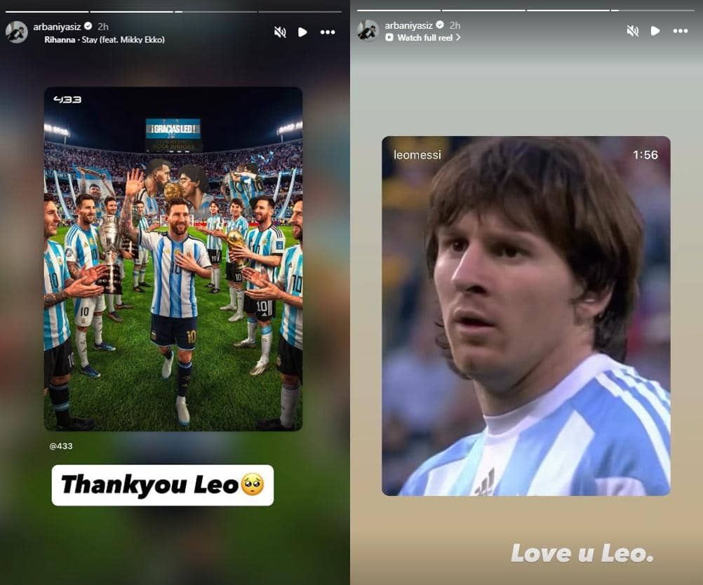 Unggahan Instagram Arbani Yasiz berisi reaksi sang artis setelah Lionel Messi mengumumkan pensiun.