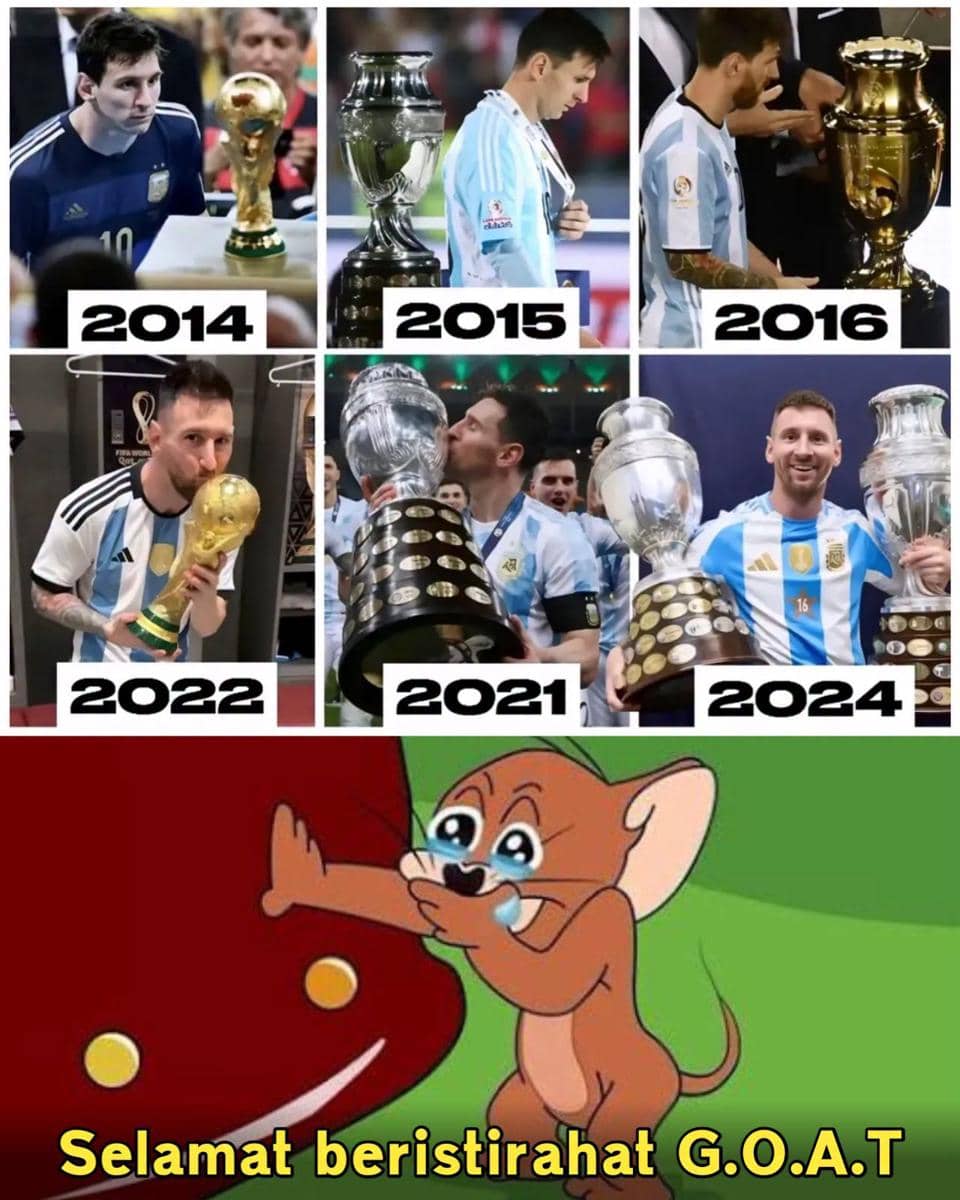 Kolase meme reaksi kocak netizen setelah Lionel Messi mengumumkan pensiun dari sepak bola profesional.