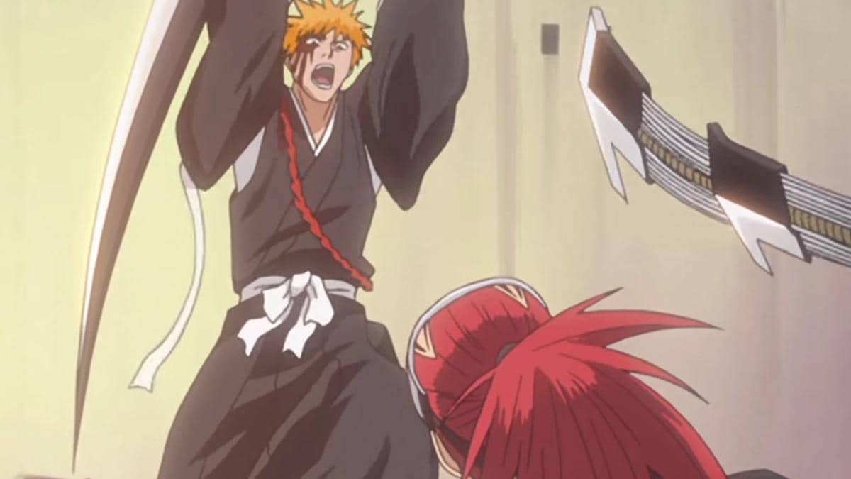 Ichigo Kurosaki beradu pedang dengan Renji Abarai dalam duel kedua mereka di anime Bleach produksi Pierrot.