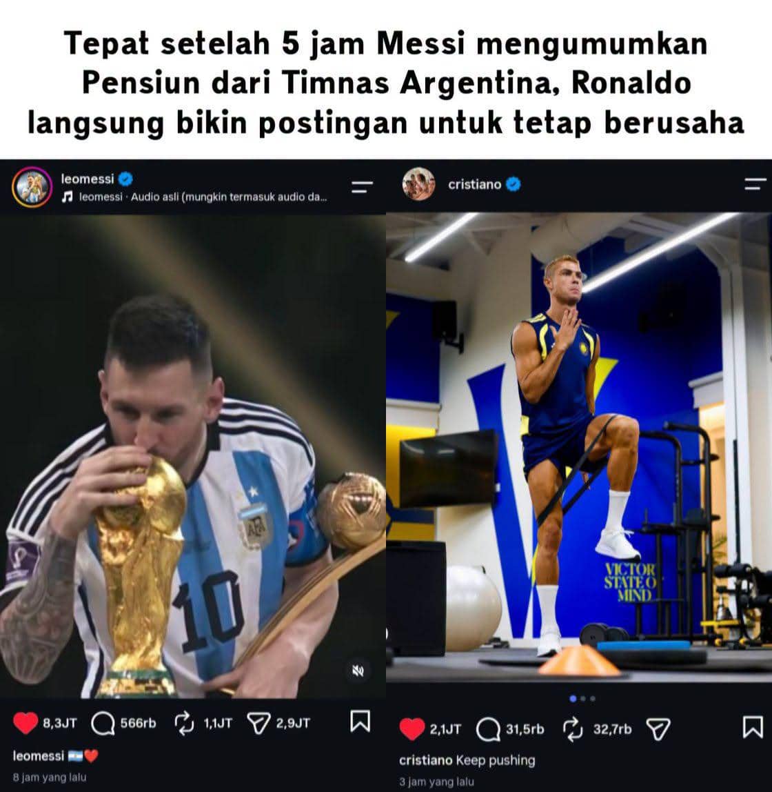 Meme reaksi kocak netizen setelah Lionel Messi mengumumkan pensiun, dibagikan akun Meme Troll Football Indonesia.