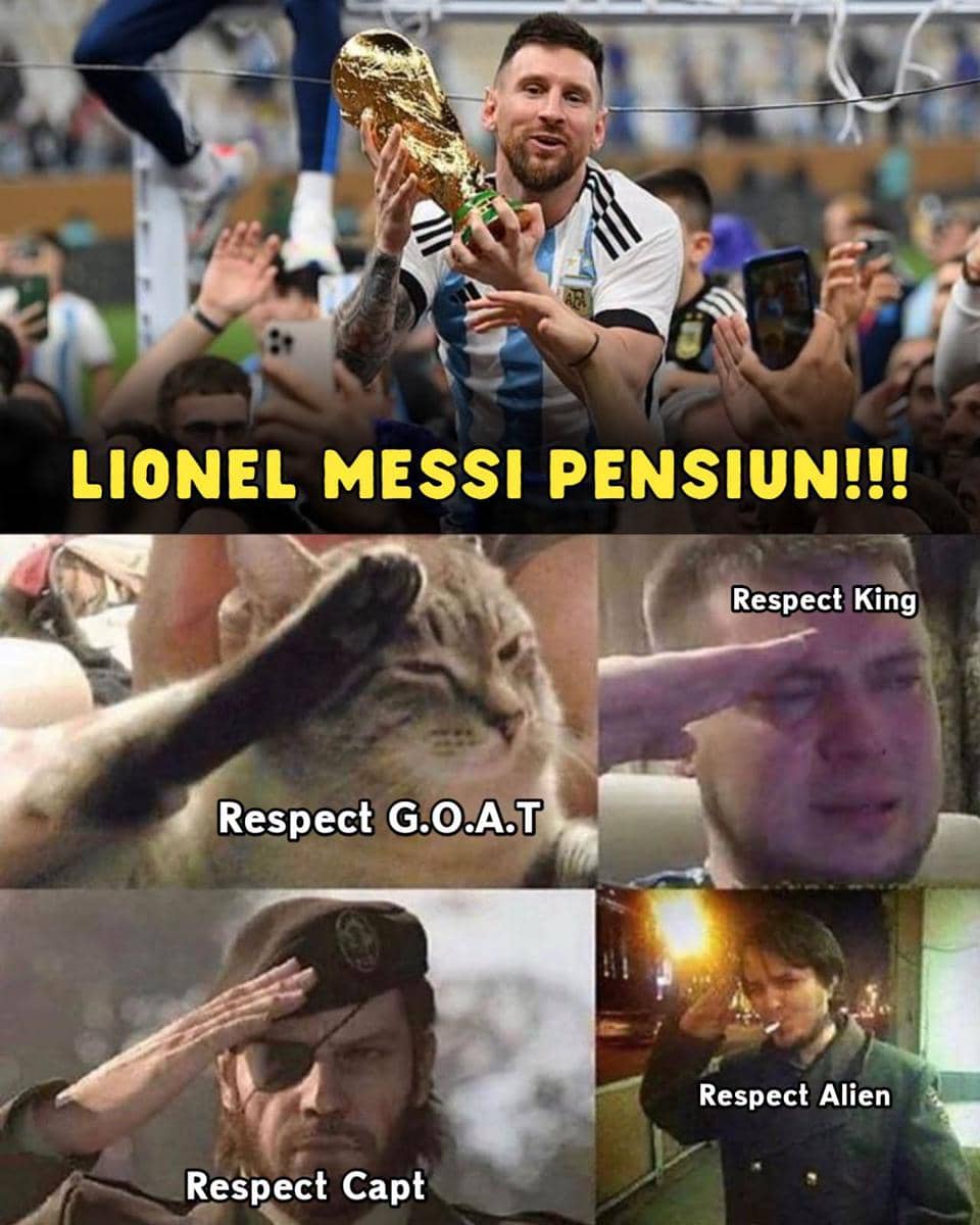 Meme reaksi kocak netizen terkait pengumuman pensiun Lionel Messi yang diunggah akun Meme Troll Football Indonesia.