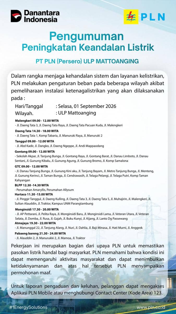 Dokumen PLN berisi informasi jadwal pemadaman listrik di wilayah Sulawesi Selatan untuk pelanggan terdampak.