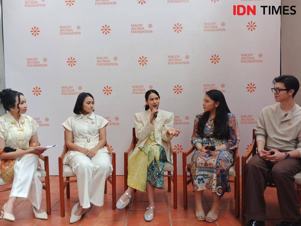 Press Conference Maudy Ayunda Foundation yang diselenggarakan di Tamu Jakarta, Jakarta Selatan, pada Selasa (1/9/2026)