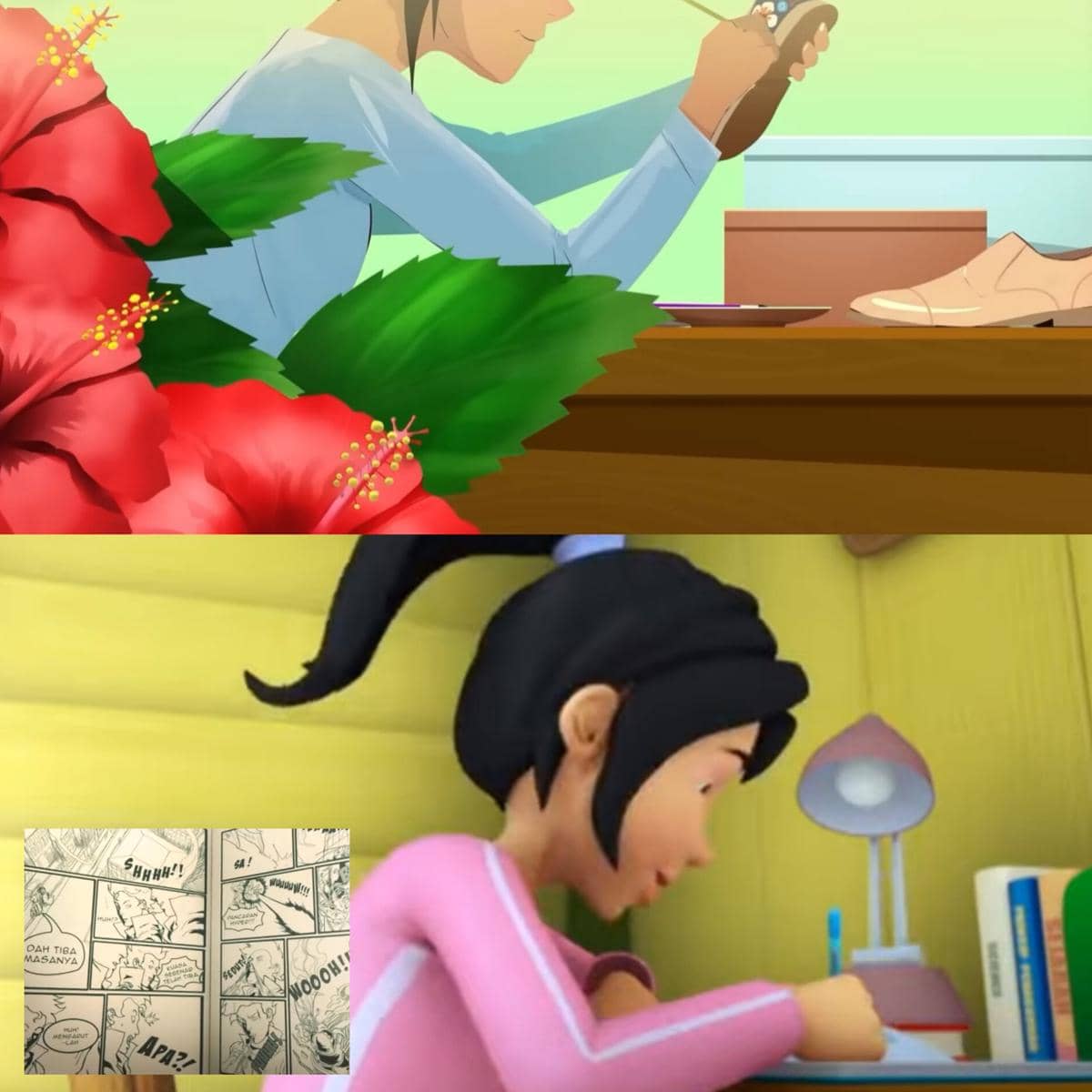 Foto ibu Upin & Ipin dan Kak Ros saat melukis