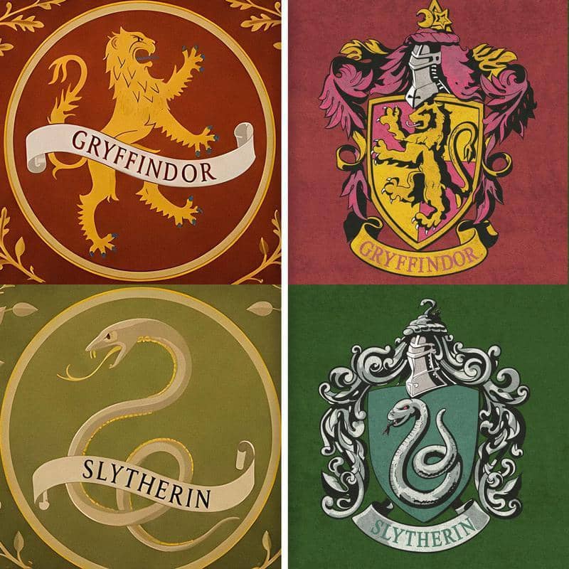Perbandingan logo baru di kiri dan logo lama di kanan untuk asrama Gryffindor serta Slytherin dari HBO.