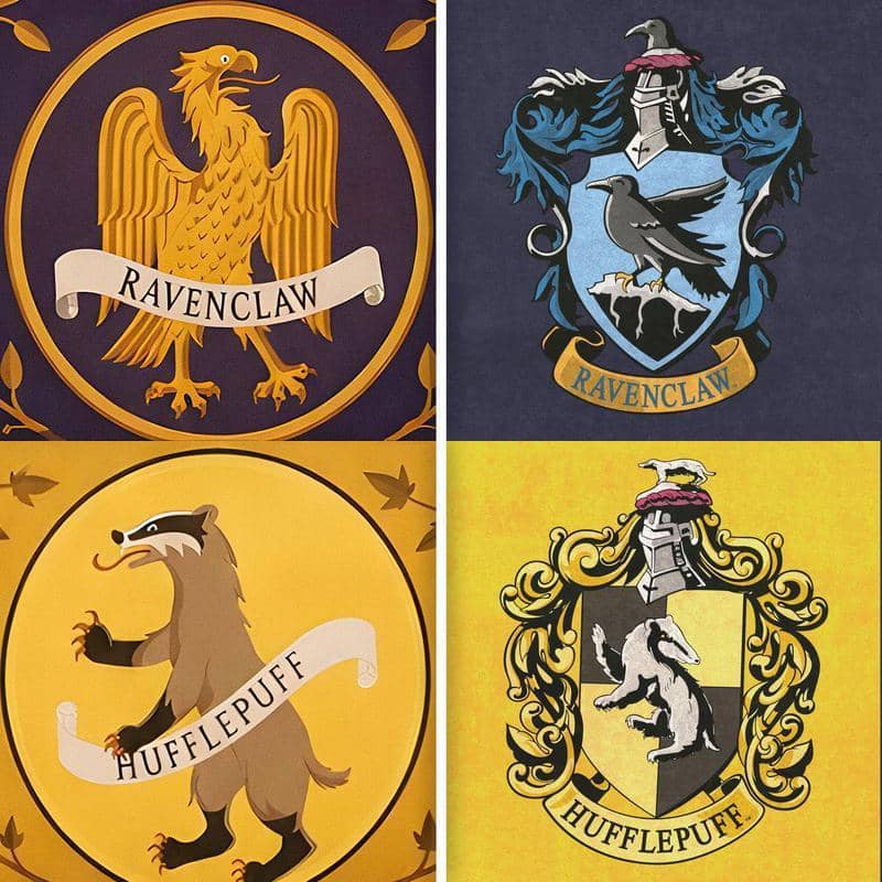 Perbandingan logo baru di kiri dan logo lama di kanan untuk asrama Ravenclaw serta Hufflepuff dari HBO.