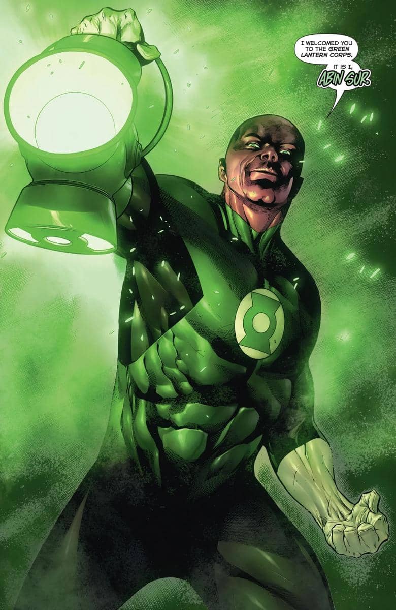 Ilustrasi karakter Abin Sur dari DC Comics dalam balutan seragam Green Lantern berwarna hijau dan hitam.