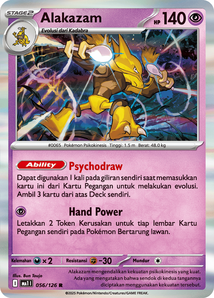 Alakazam, Pokémon berwarna kuning dengan kumis panjang, memegang dua sendok sambil berdiri dengan latar putih.