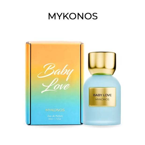 Mykonos Baby Love dalam botol bening berisi cairan merah muda dengan kemasan kotak baru bernuansa merah muda.