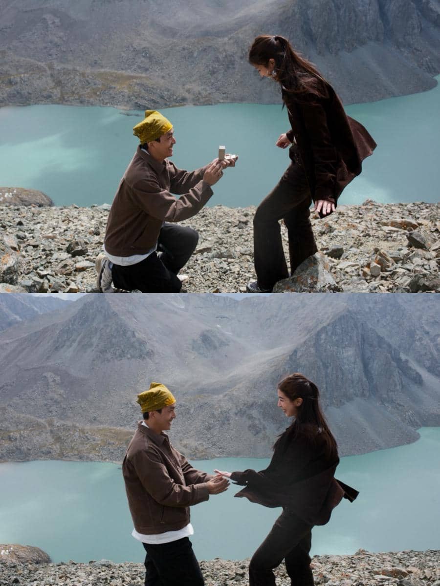 Mint Chalida dan kekasihnya berpose di area pegunungan saat momen lamaran dengan cincin pertunangan mereka.