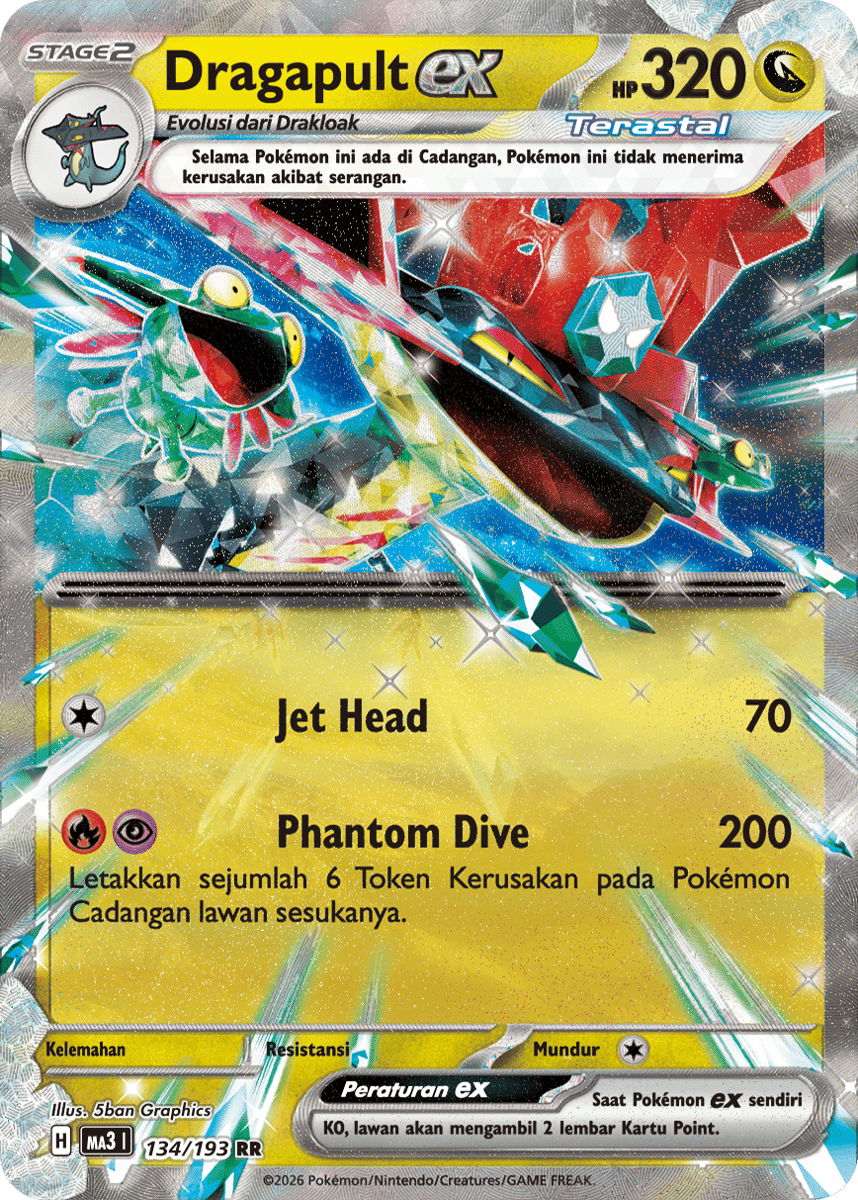 Ilustrasi kartu Pokémon Dragapult ex dengan karakter naga hijau-biru berlatar efek energi berwarna-warni.