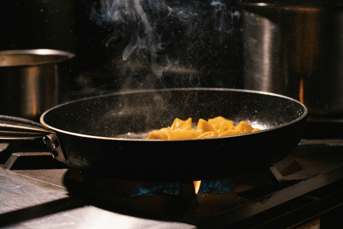 Tangan seseorang menyiapkan adonan pasta segar di meja dapur dengan bahan-bahan masakan di sekitarnya.