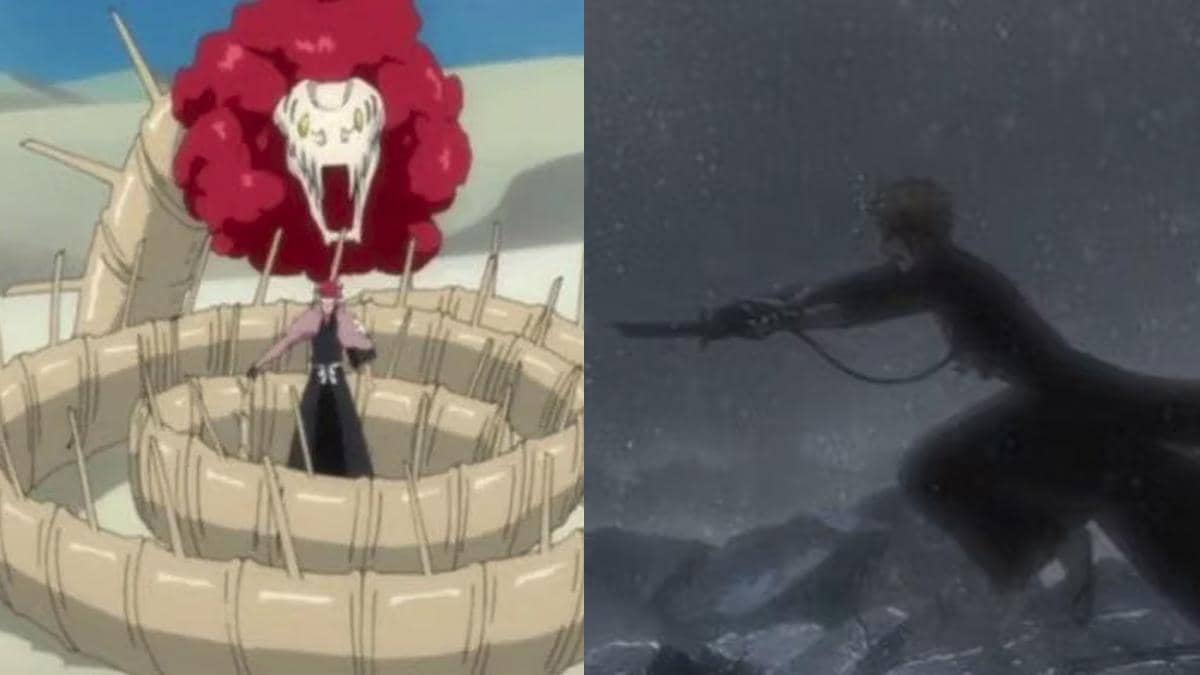Ilustrasi Bankai palsu Ichigo dan Renji dari anime Bleach dalam adegan produksi studio Pierrot.
