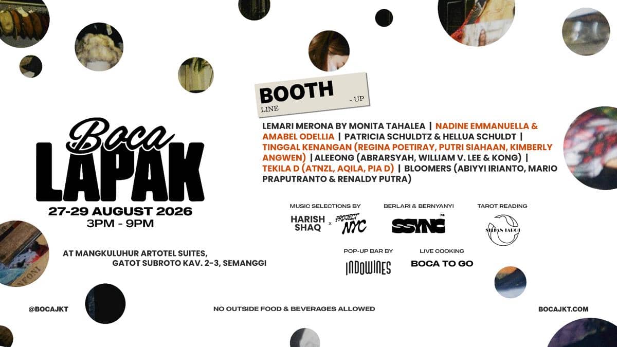 Flyer BOCA Lapak, pasar barang preloved di area BOCA lobi Mangkuluhur ARTOTEL Suites Jakarta, 28–29 Agustus 2026.