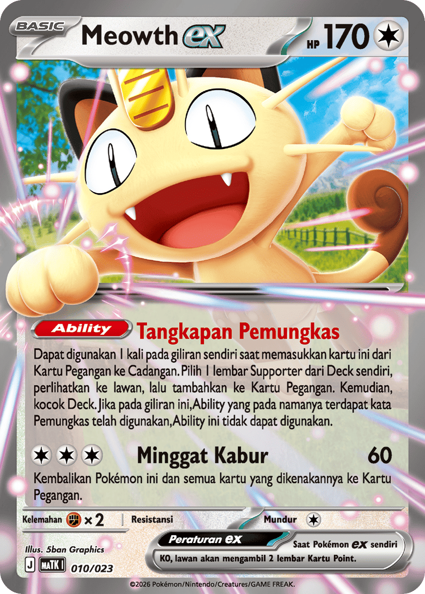 Ilustrasi Meowth ex, karakter Pokémon berbentuk kucing, dalam desain promosi resmi dari The Pokémon Company.