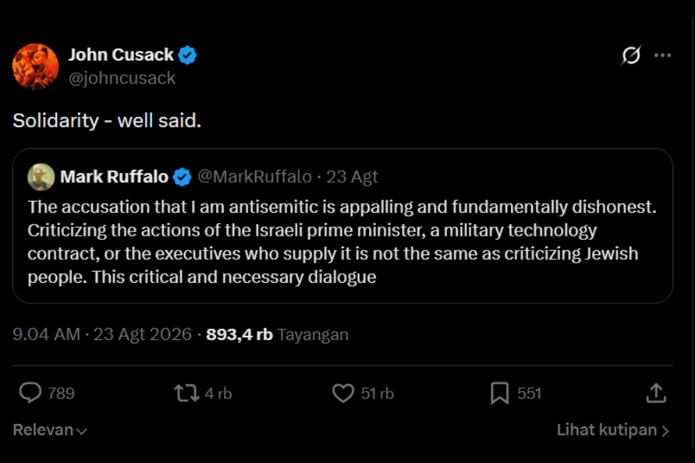 Tangkapan layar dukungan John Cusack untuk Mark Ruffalo (x.com/johncusack)
