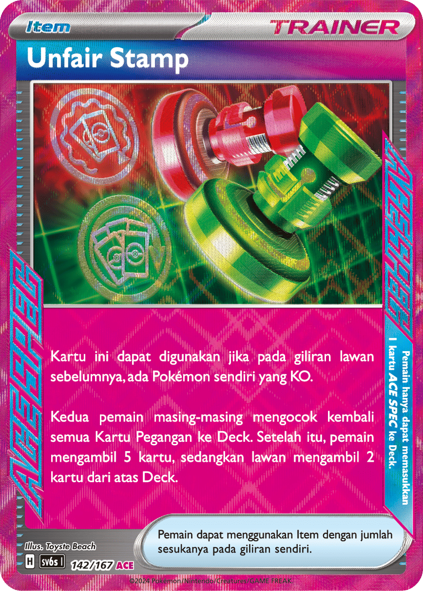Kartu Trainer Unfair Stamp dari Pokémon Trading Card Game dengan ilustrasi cap merah dan bingkai kuning.