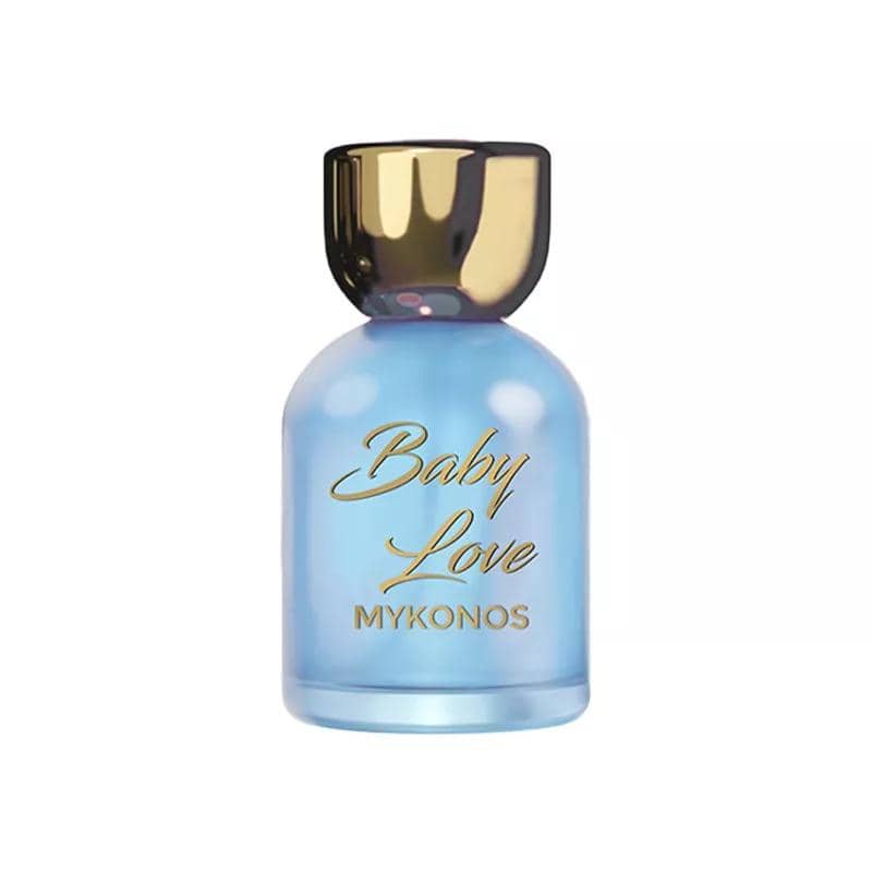Produk Mykonos Baby Love dari BeautyHaul dalam kemasan merah muda dengan desain merek pada bagian depan.