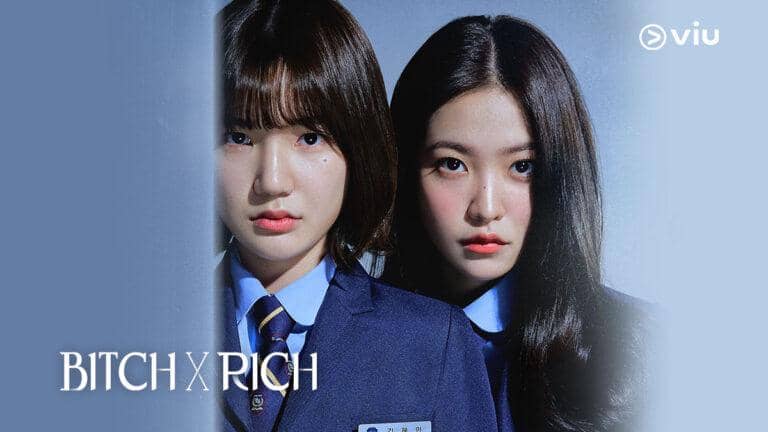 Poster drama Bitch x Rich dari Viu, menampilkan judul serial dan deretan pemeran dalam nuansa sekolah.