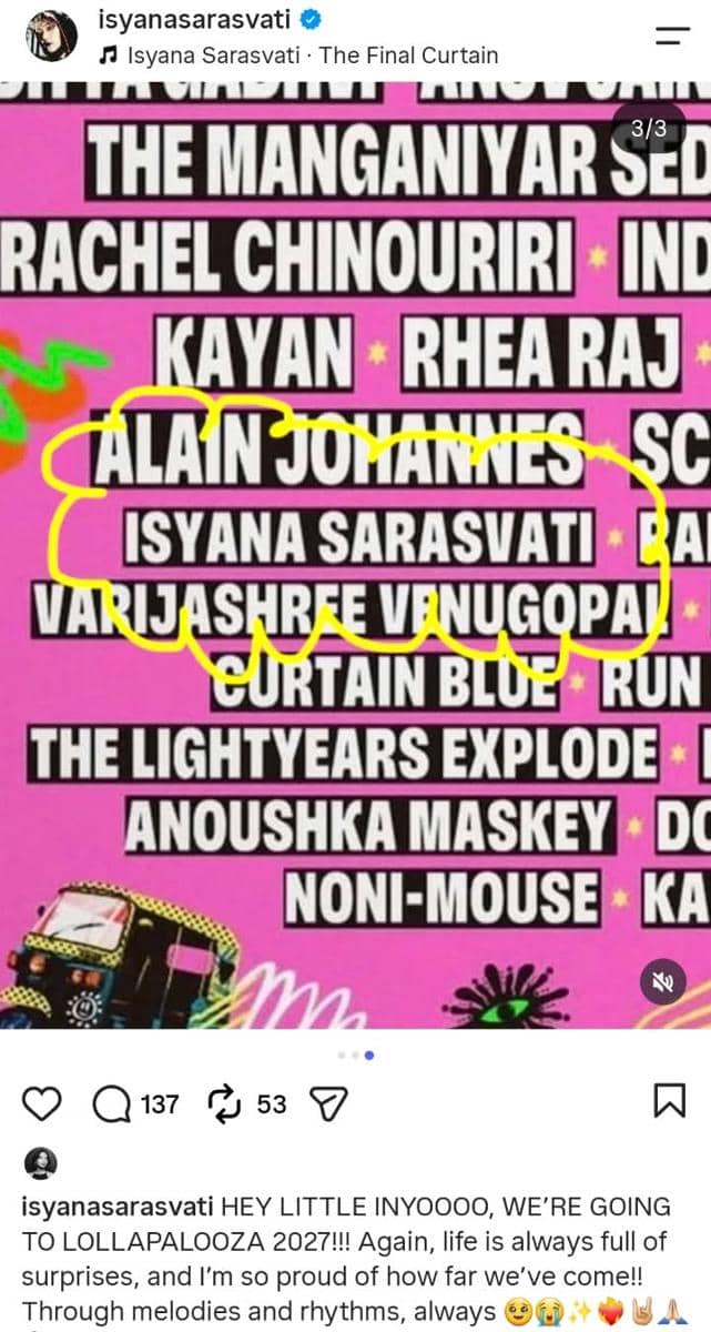 Isyana Sarasvati tampil di Lollapalooza 2027 India