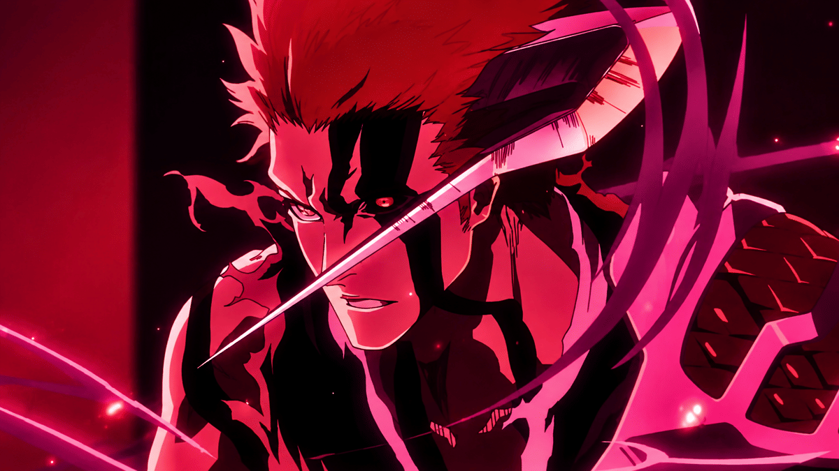 Ichigo Kurosaki dalam mode Horn of Salvation dengan satu tanduk, rambut oranye, dan energi spiritual di sekelilingnya.