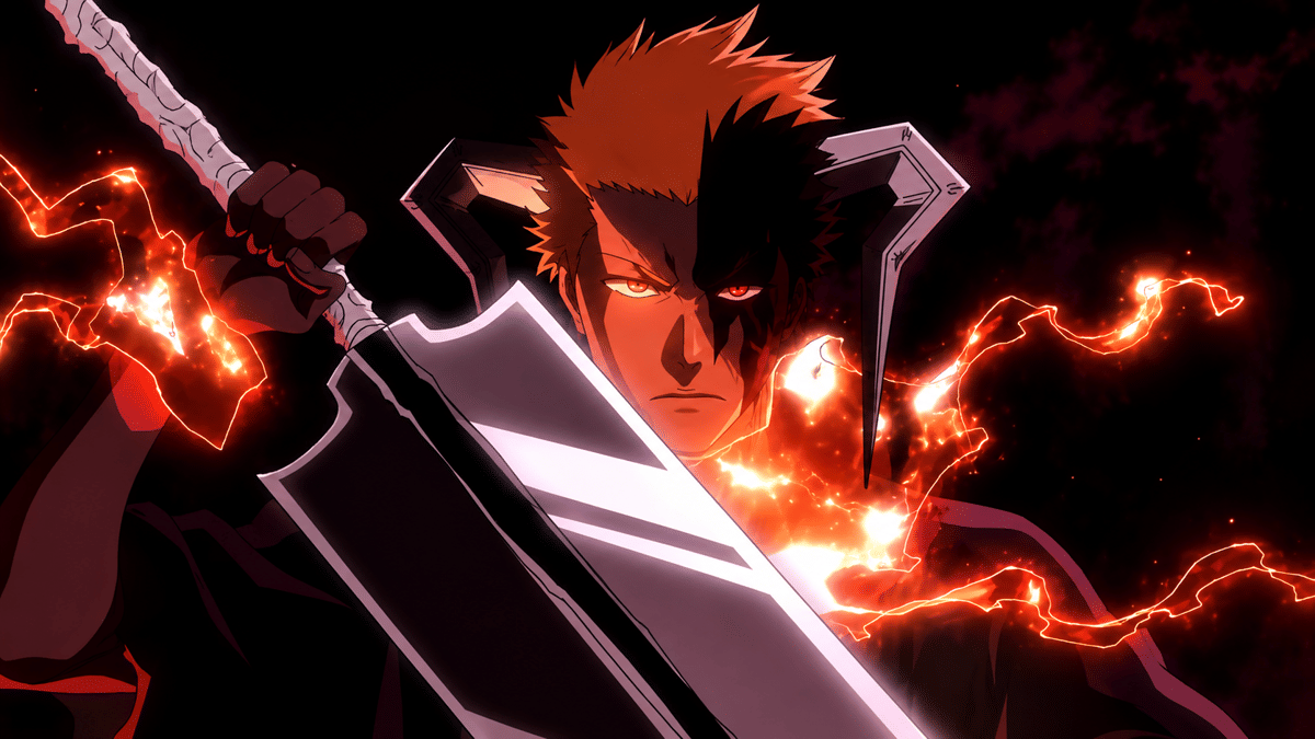 Ilustrasi Ichigo Kurosaki dalam wujud dua tanduk atau Blood Chains dari anime Bleach, dengan ekspresi tegas.