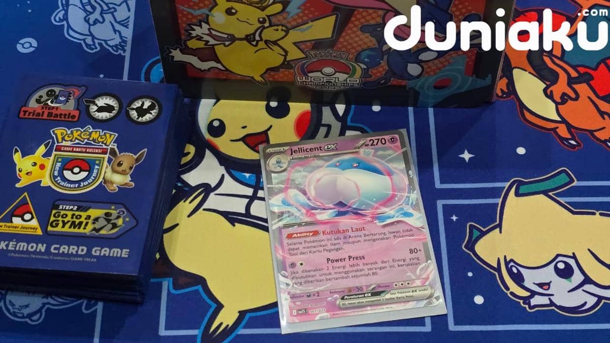 Kartu Pokémon Jellicent ex dari Deck Taktik Mega Gardevoir ex, dengan ilustrasi karakter dan detail serangan pada kartu.