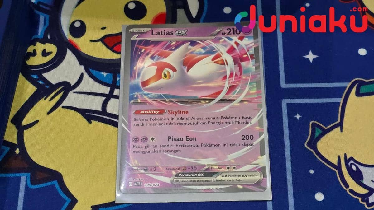 Ilustrasi kartu Latias ex sebagai pendukung rotasi dalam deck Taktik Mega Gardevoir ex pada permainan Pokémon TCG.