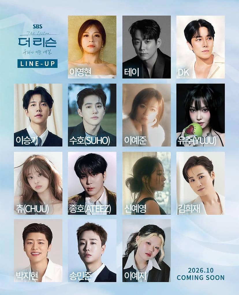 Poster lineup program The Listen dari akun Instagram sbsnow_insta dengan deretan artis yang terlibat dalam acara.