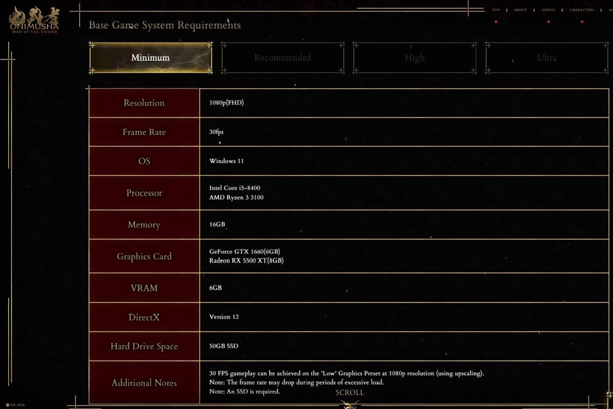 spesifikasi minimum Onimusha: Way of the Sword
