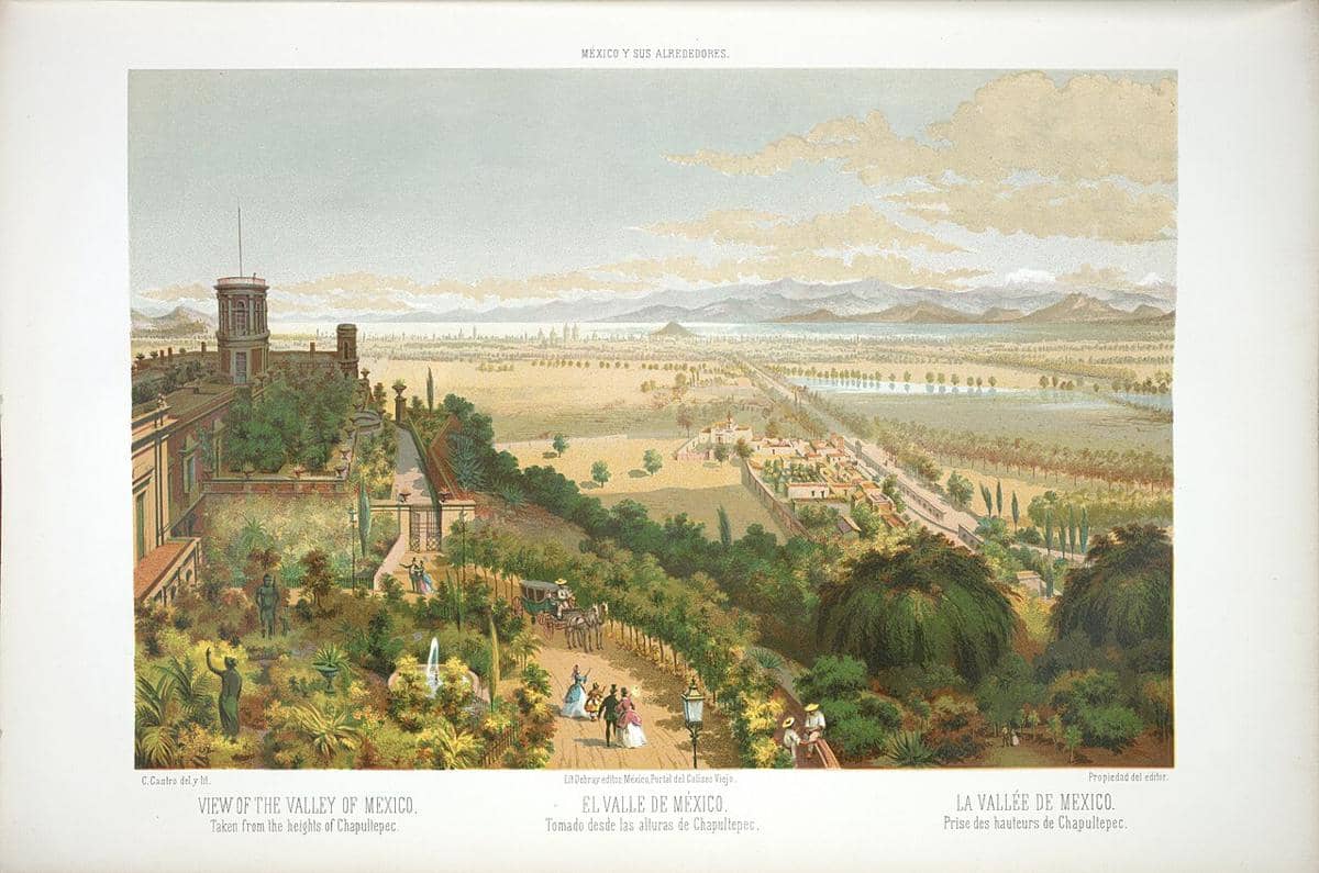 Kastil Chapultepec terlihat dari kawasan Chapultepec dalam lukisan Casimiro Castro tahun 1850