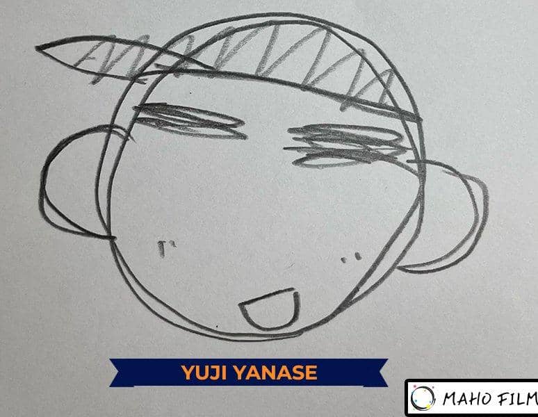 Sketsa wajah Yuji Yanase dalam ilustrasi potret, dengan keterangan dokumentasi dari Maho Film.