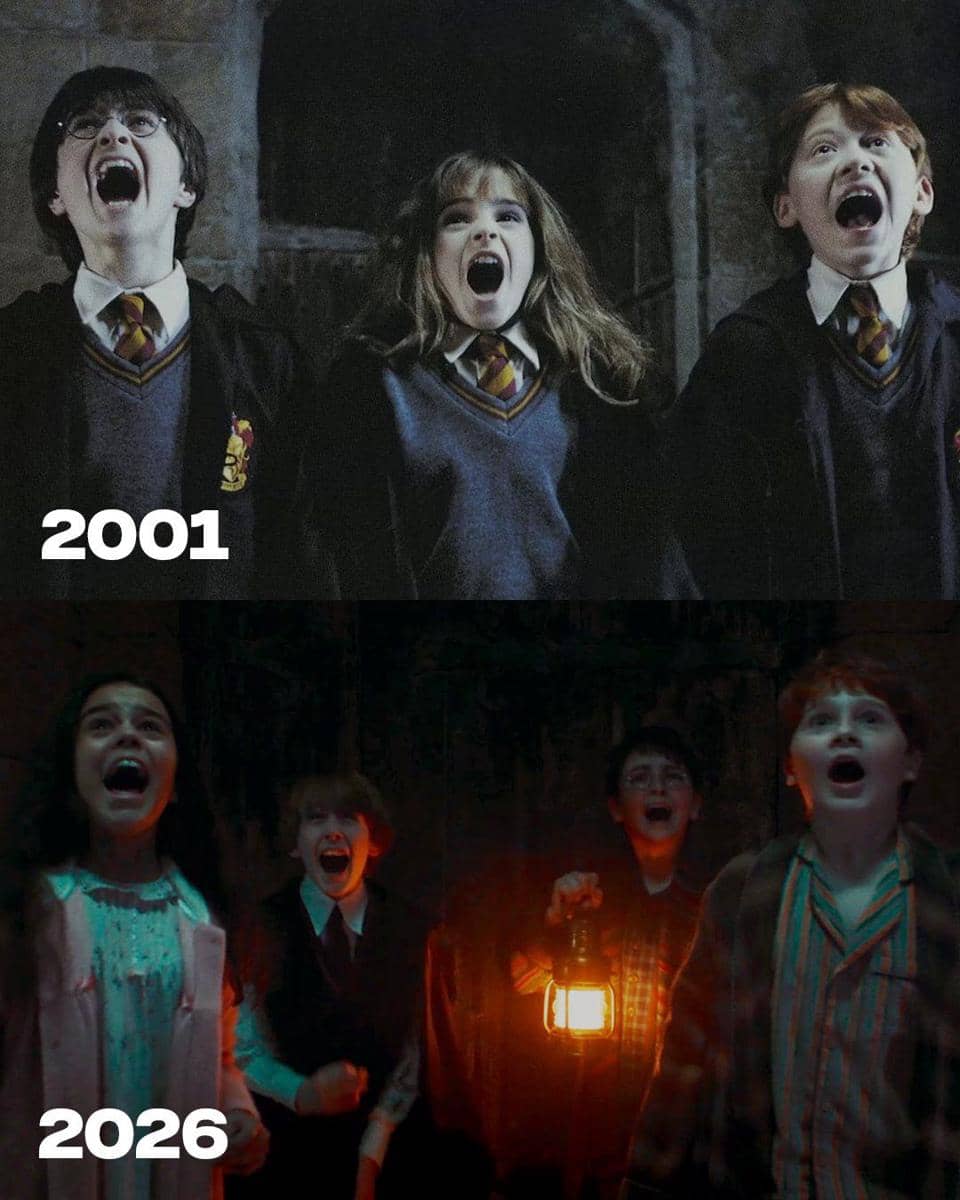Kolase perbandingan Harry Potter serial HBO dan versi film Warner Bros. berdasarkan materi promosi kedua adaptasi.