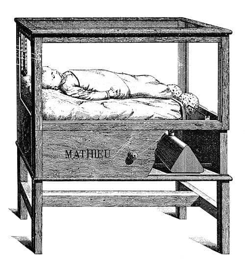 Ilustrasi inkubator buatan untuk bayi prematur rancangan R. Mathieu, berupa perangkat medis dengan ruang bayi tertutup.