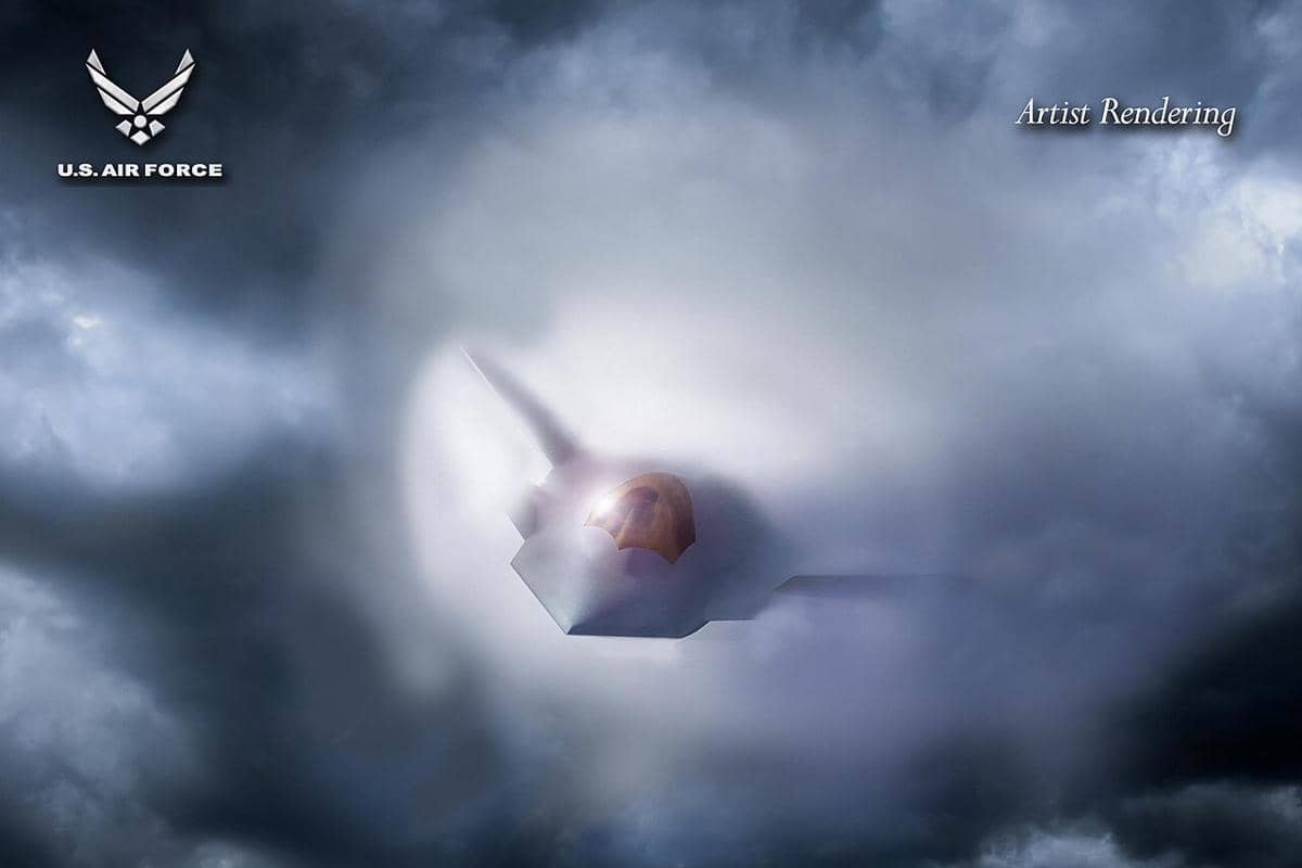 ilustrasi artistik (artis rendering) untuk jet tempur F-47 yang sedang mengudara