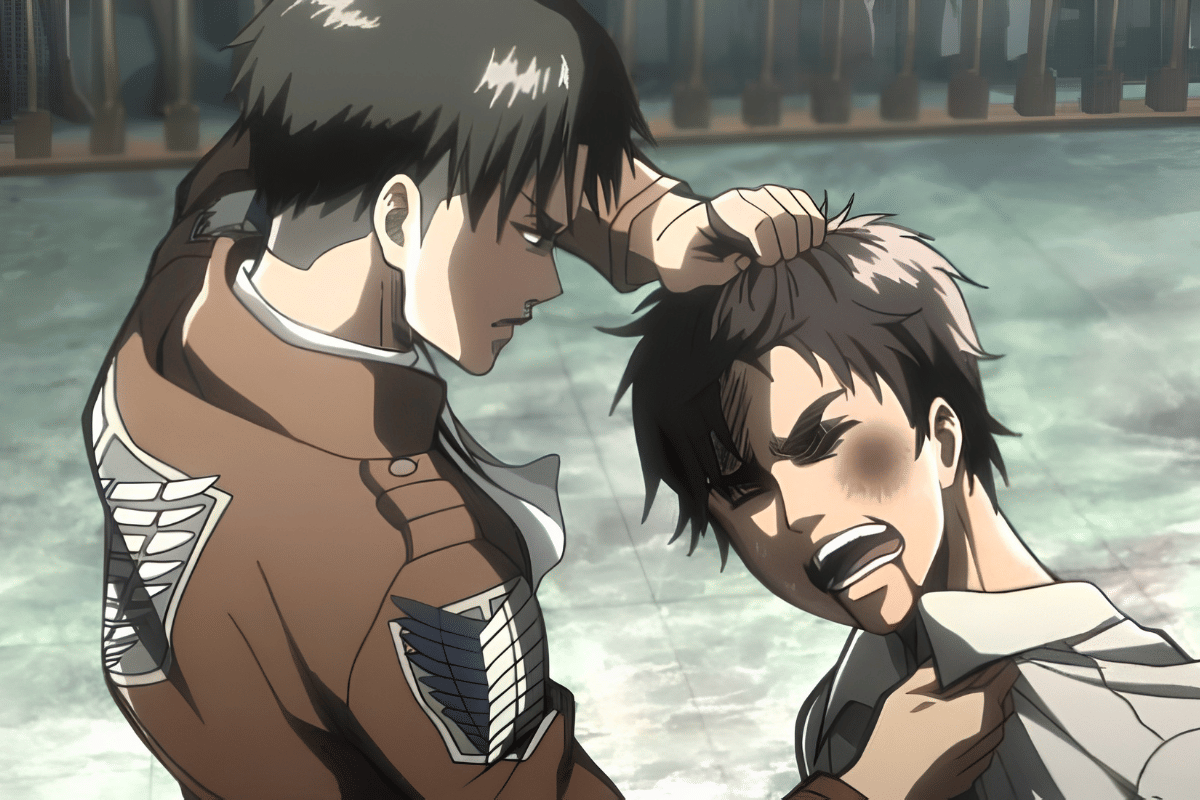 Levi Ackerman menghajar Eren Yeager tanpa ampun di ruang sidang militer.