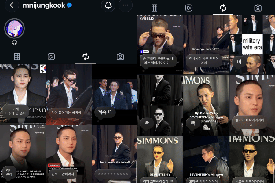 Jungkook repost banyak video Mingyu dengan rambut cepak (instagram.com/mnijungkook)