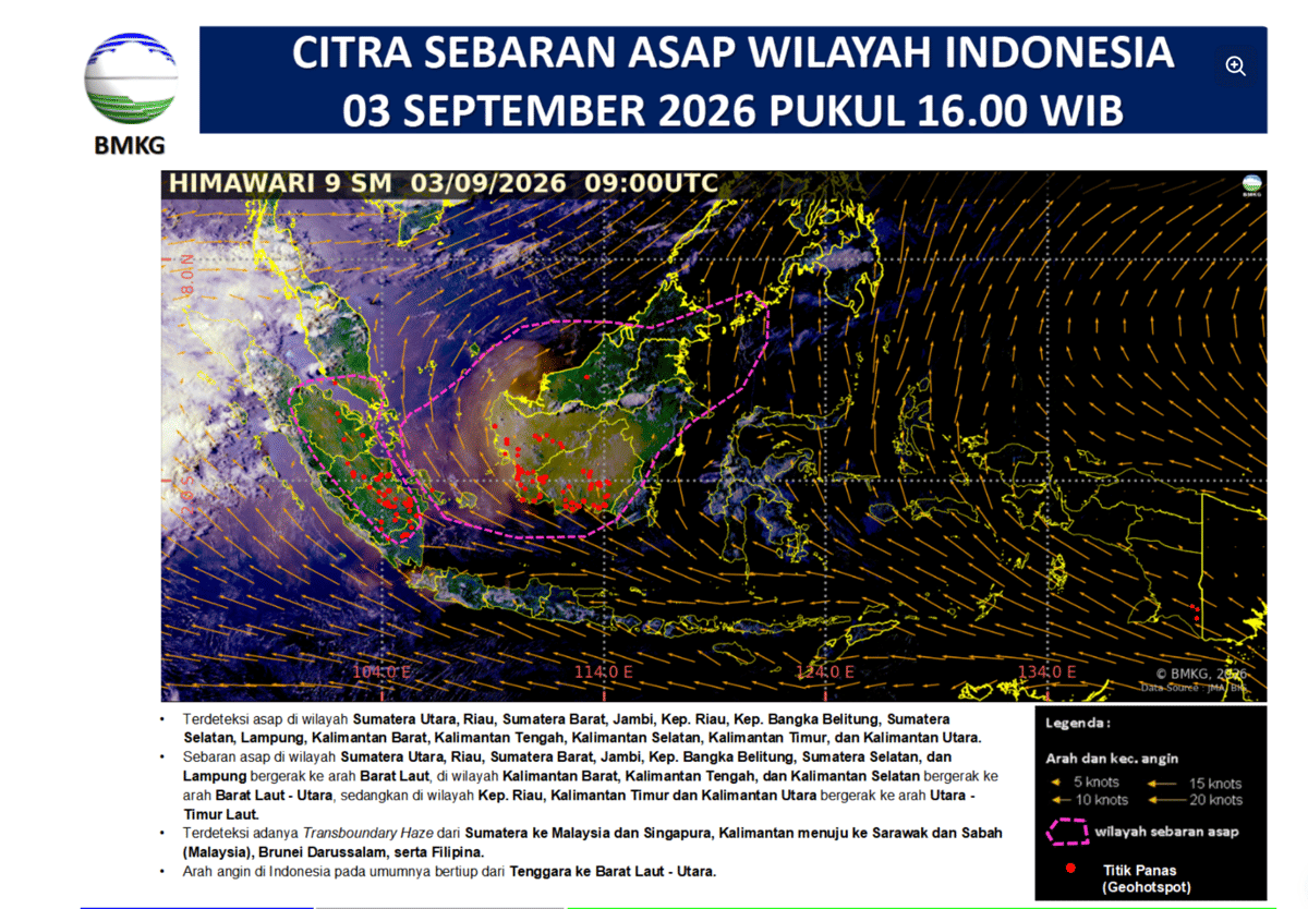 Peta citra sebaran asap di Indonesia berdasarkan pengamatan Satelit Himawari 9 yang dirilis resmi BMKG.