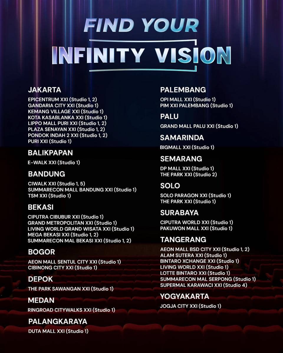 Daftar lokasi bioskop bersertifikasi Infinity Vision yang diunggah melalui akun Instagram resmi Cinema XXI.