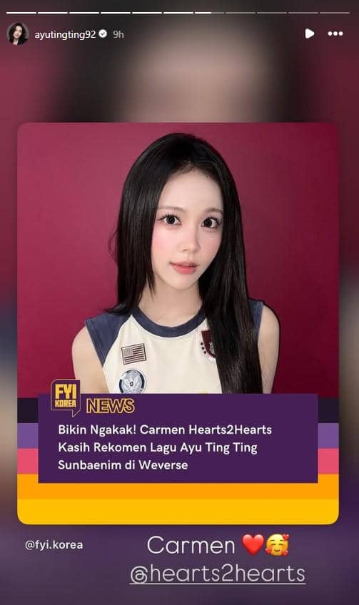 Tangkapan layar unggahan Instagram Ayu Ting Ting terkait lagunya yang direkomendasikan Carmen dari Hearts2Hearts.