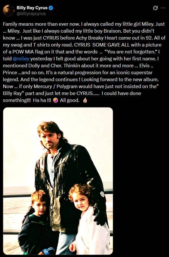 Tangkapan layar unggahan akun Billy Ray Cyrus di X, ayah Miley Cyrus, dengan teks dan foto profil di bagian atas.