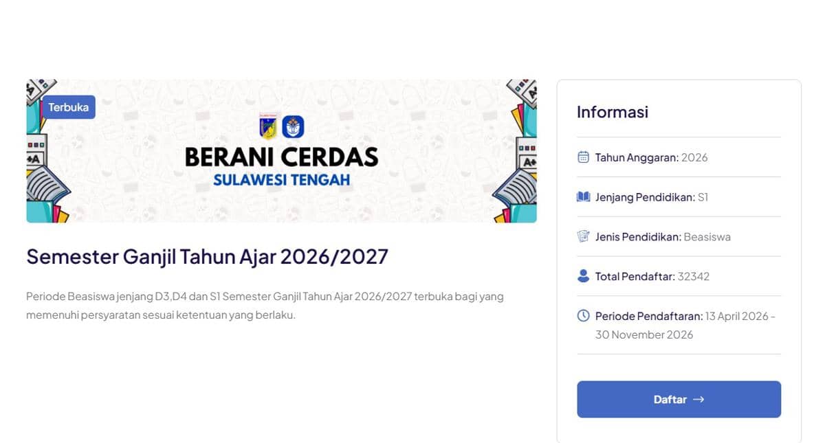 Tangkapan layar situs Berani Cerdas milik Pemprov Sulteng, 5 September 2026