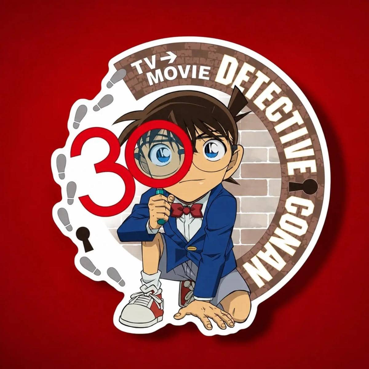 Poster promosi peringatan 30 tahun Detective Conan dengan ilustrasi Conan Edogawa dan identitas visual anime produksi TMS Entertainment.