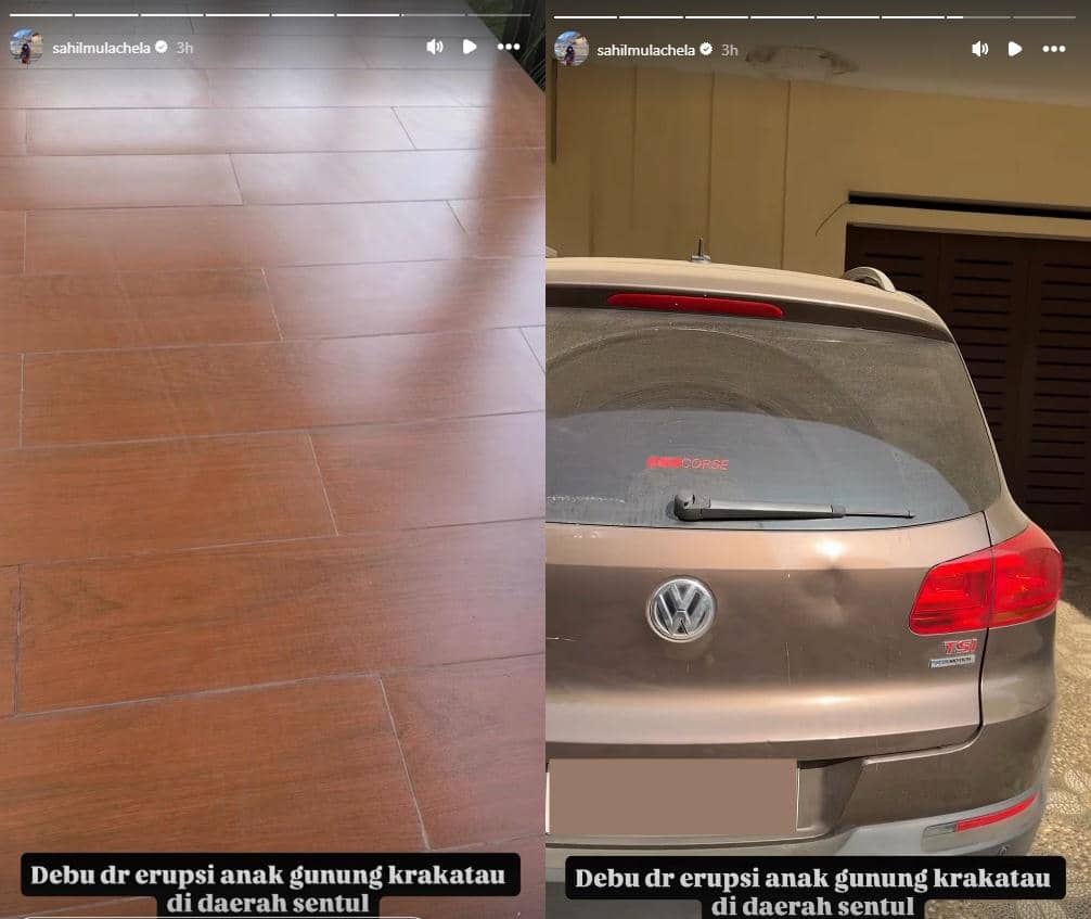 Rumah artis terdampak abu Anak Krakatau dengan permukaan luar bangunan dan halaman tertutup debu vulkanik.