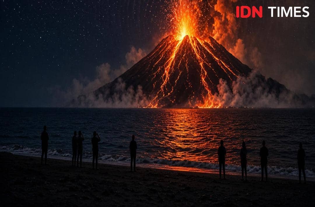 Ilustrasi Anak Krakatau meletus dengan semburan abu dan material vulkanik disertai dentuman keras yang terdengar jauh.